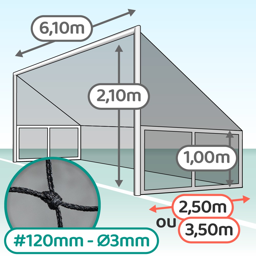 Filet pour but de foot rabattable - Mailles 145 mm - ∅ 3 mm