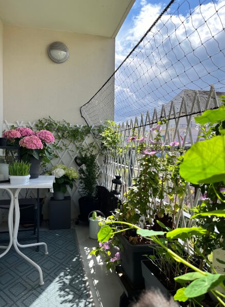 Filet de protection sur balcon pour chat et tuteur de plantes