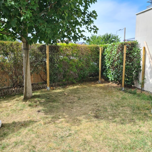 Installation protection jardin pour chat avec filet et poteaux en bois