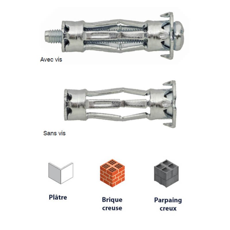 50 chevilles métal pour matériaux creux Molly M4x46mm