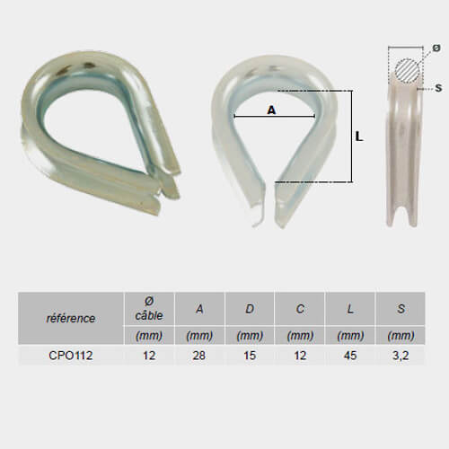 Cosse-coeur renforcée pour cable acier PVC 10/12 mm
